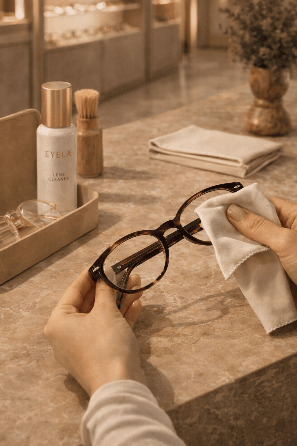 Glasses resting on a cleaning cloth